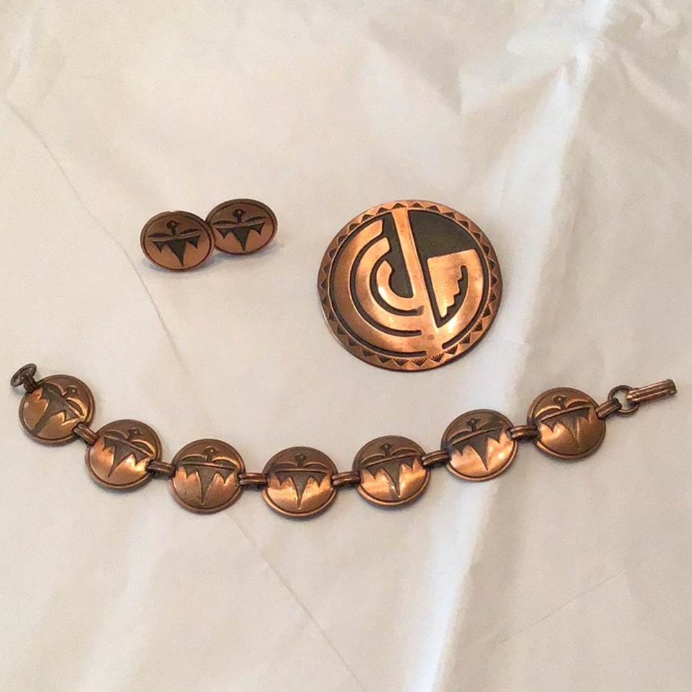 Vtg. 3 Pc Solid Copper Thunderbird/Cactus Jewelry - image 1
